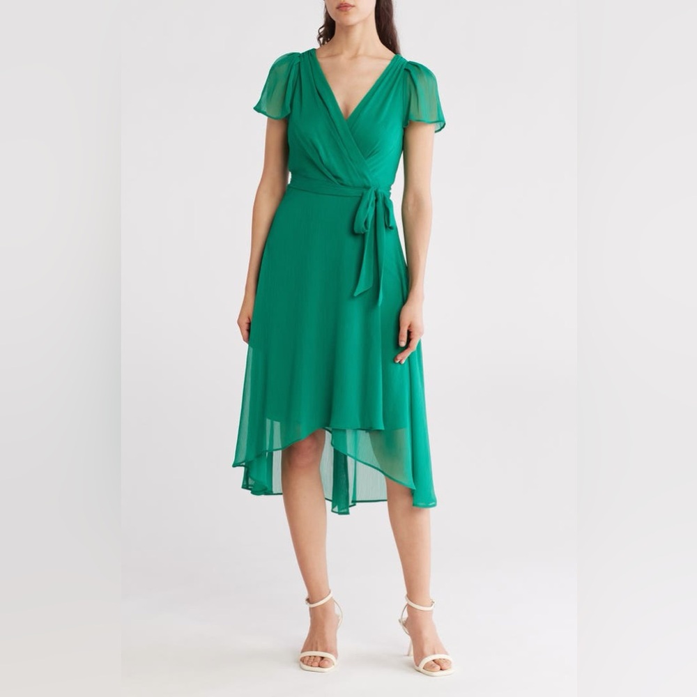 DKNY Flutter Sleeve Faux Wrap Midi Dress